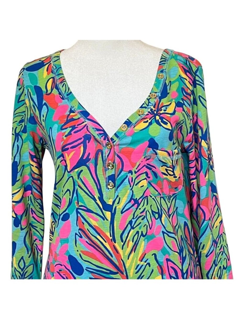 Lilly Pulitzer Allesia Palmetto Dress Size S Pima Cotton 3/4 Sleeve Henley - Picture 2 of 13
